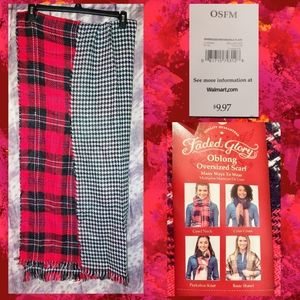 Faded Glory Red Plaid/Blk/Wht Houndstooth Double Sided Oversized Knit Scarf/Wrap